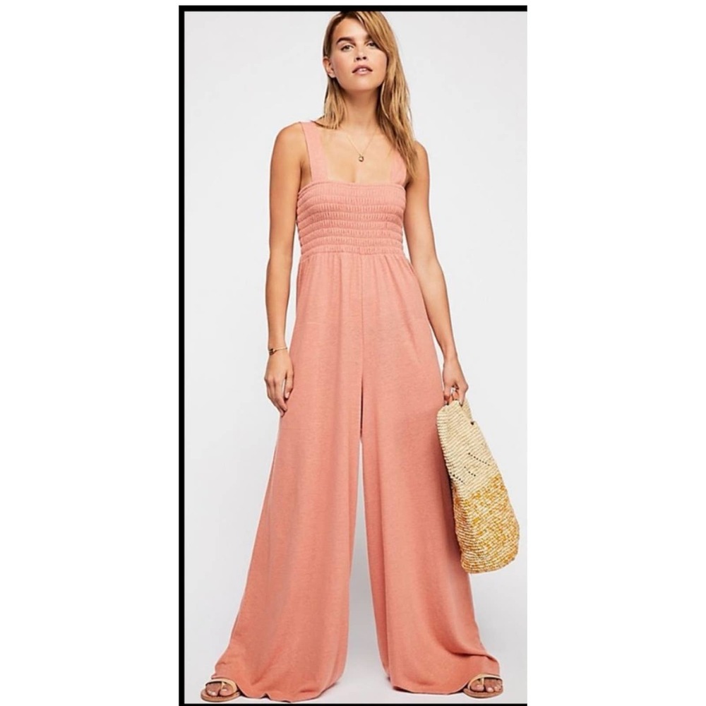 Free People Beach Homecoming Jumpsuit Smocked Linen Wide Leg Peach Size Medium